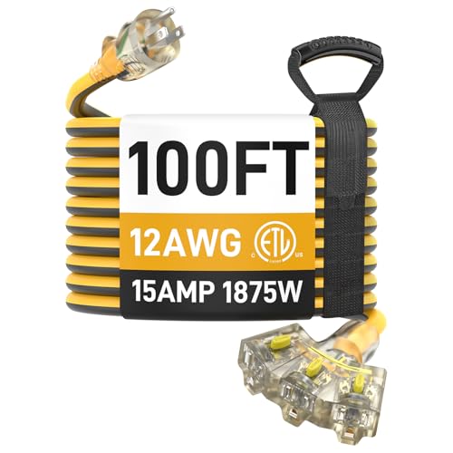 100ft 12/3 Heavy Duty 3-Outlet LED Locking Plug Outdoor Extension Cord ETL | 15A 1875W, SJEOW waterproof -58°F to 221°F, pure copper, construction, woodworking, metal cutting, generator