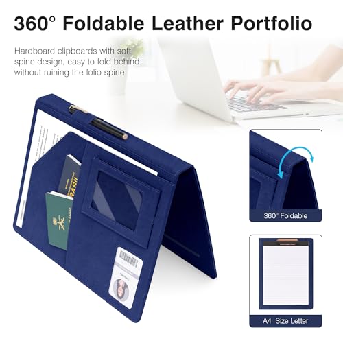 Ospelelf Blue Faux Leather Padfolio with Clipboard, Interview Clipfolio Portfolio with Notepad 8.5 x 11, Business Resume Clipboard Folder Organizer with Pockets for Men - color: Blue