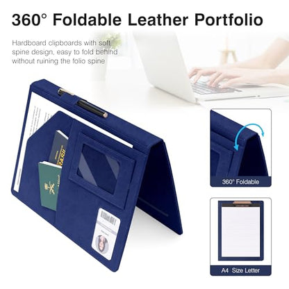 Ospelelf Blue Faux Leather Padfolio with Clipboard, Interview Clipfolio Portfolio with Notepad 8.5 x 11, Business Resume Clipboard Folder Organizer with Pockets for Men - color: Blue