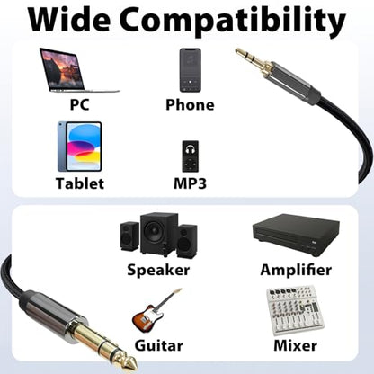 Cyberguys! 3.5mm to 1/4 Cable, TRS to TRS Stereo Audio Cord, 6.6ft | 3.5 to 1/4" Braided Cable, Gold-Plated Connectors, Cables for Guitar, Keyboard, Digital Piano, Speaker, Mixer, Amplifier - size: 6.6ft