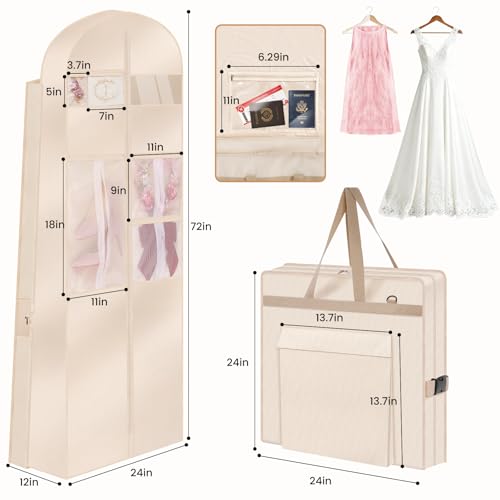 Upgraded Version 72" Wedding Dress Garment Bag Dress Bags for Gowns Bridal Dress Travel Bag with 12”Gusseted and Accessory Pockets for Wedding Dress, Puffy Gowns, Equipped with Shoulder Straps - size: 72 Inch