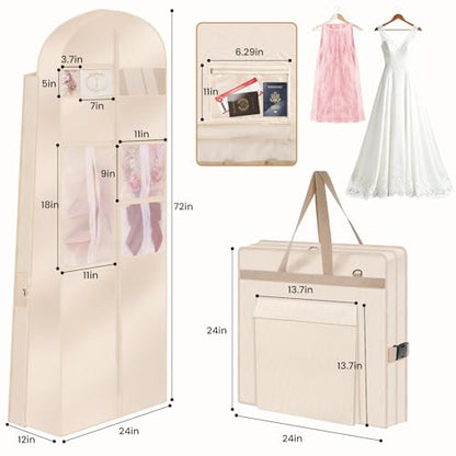 Upgraded Version 72" Wedding Dress Garment Bag Dress Bags for Gowns Bridal Dress Travel Bag with 12”Gusseted and Accessory Pockets for Wedding Dress, Puffy Gowns, Equipped with Shoulder Straps - size: 72 Inch