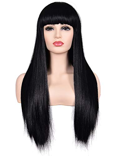 morvally Women's 26" Long Straight Black Synthetic Resistant Hair Wigs with Bangs Natural Looking Wig for Women Halloween Cosplay - color: Black
