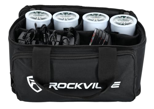 Rockville 4 Pack MINI Halo White DJ Wash Lights + Bag, Wireless DMX, 17 Hour Battery, Wireless DMX, RF Remote | Wireless DMX, RF Remote, 10-17 Hr Runtime, Compact Aluminum, Sound Activated, LCD Display, Adjustable 31-64 Degree Lens - color: White