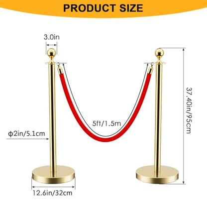LOVMOR Stainless Steel Stanchion Post, 5 FT Red Carpet Ropes and Poles, 4 pcs Gold Stanchions with Red Rope, Hollow Base and Velvet Ropes Safety Barriers Set, Carpet Runner for Party - color: Gold-4pack