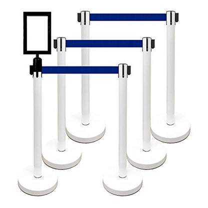 Retractable Stanchion, 6 SPECIALTY Posts + Signframe, 36" Ht, 78" Special Event & Holiday Theme Belt + Bonus Replacement Cassettes + Wall Receiver (WHT Post/Blue Belt) - color: Wht Post/Blue Belt