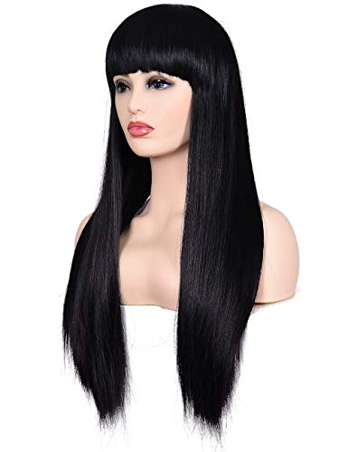 morvally Women's 26" Long Straight Black Synthetic Resistant Hair Wigs with Bangs Natural Looking Wig for Women Halloween Cosplay - color: Black