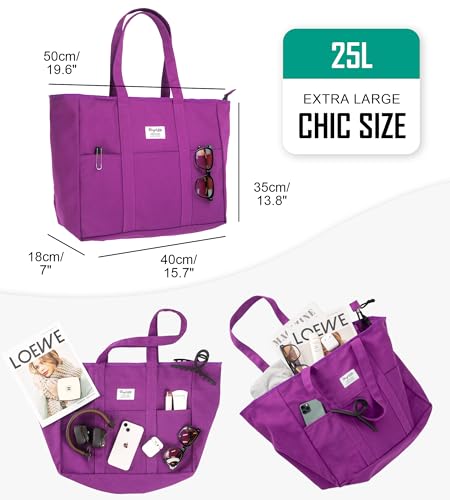 Bagelite Extra Large Canvas Tote Bag for Women Men, Utility Work Bags with Zipper - color: Purple