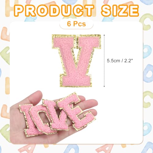 MECCANIXITY Chenille Letter Patches 2.2" Self Adhesive Alphabet V Stick on Embroidered Patch Sew on Letter Stickers Applique for Repairing Clothing Jeans Shoes Hats DIY(Pink, Pack of 6) - style: Letter-V