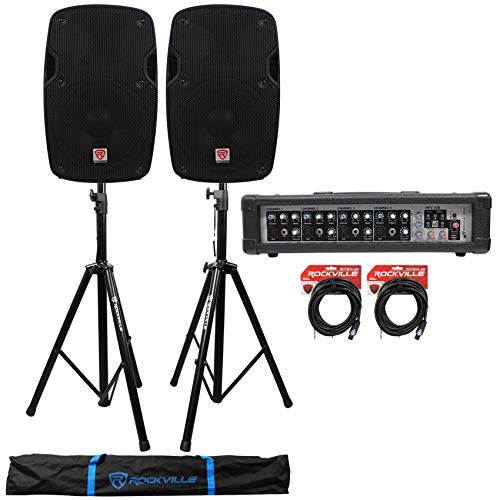Rockville SPG88 8" Passive DJ PA Speaker Pair with RPM45 Powered Mixer | 800W Peak / 200W RMS, 8 Ohm, 4-Ch USB/EQ/Effects/Phantom, 2 RCTS1425 25' Speakon Cables, 2 RVSS2 Stands with Case, 7-Items