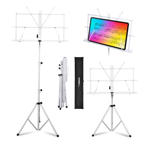 MOSEN Sheet Music Stand, Heavy Duty Adjustable Tripod, Quick Fold White | Floor & Desktop Dual Use, Fully Adjustable Height, Free Carry Bag for Home Practice, Band Rehearsal and Stage Use - color: White