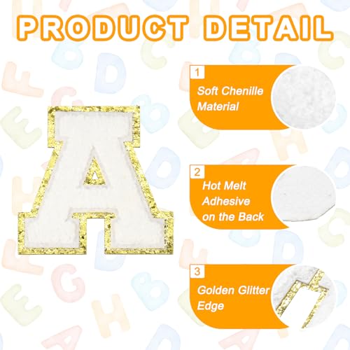MECCANIXITY Chenille Letter Patches 3.1" Alphabet A Iron on Embroidered Patch Sew on Letter Stickers Applique for Repairing Clothing Jeans Shoes Hats DIY(White, Pack of 4) - style: Letter-A