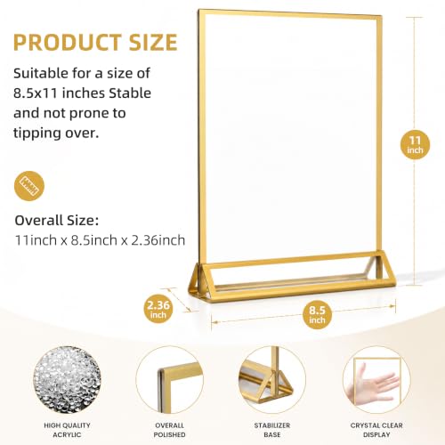 3 Pack Gold Acrylic Sign Holder 8.5 x 11 Inches, Double-Sided Gold Frames | Clear Tabletop Display Stand, Vertical Menu & Flyer Holder for Restaurants, Cafes, Stores, Hotels, Offices, Reception Desk