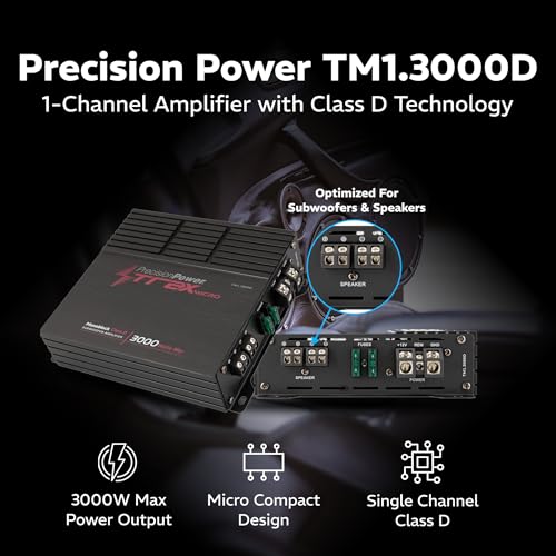 Precision Power Trax Micro Monoblock Class D Car Stereo Amplifier TM1.3000D – 3000W Single Channel Digital Subwoofer Amp with Wired Bass Control & High-Level Inputs for Powerful Audio - size: TM1.3000D