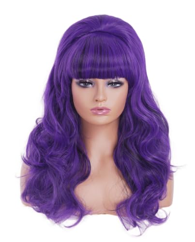 Rugelyss Long Wavy Purple Mixed Black Wigs for Women Fashion Synthetic Full Head Hair Wig with Bang and Bun for Cosplay Costume or Halloween Party - color: purple black
