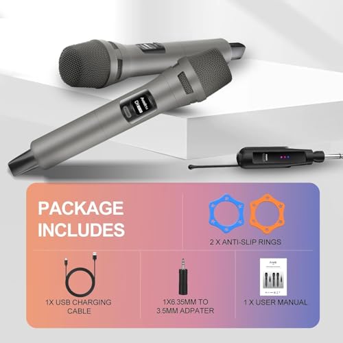 Aveek Wireless Microphone 2-Pack, 100ft Range,10Hs Battery for Karaoke | Rechargeable Receiver and Mics, Clear Sound, Noise Cancellation, Amps Via 6.35/3.5Mm, for Church, Party, Wedding, DJ & Events - color: Gray