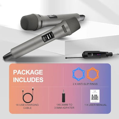 Aveek Wireless Microphone 2-Pack, 100ft Range,10Hs Battery for Karaoke | Rechargeable Receiver and Mics, Clear Sound, Noise Cancellation, Amps Via 6.35/3.5Mm, for Church, Party, Wedding, DJ & Events - color: Gray