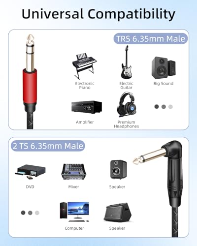 Guitar Cable 1/4 inch TRS Stereo to Right Angle Dual 1/4 inch TS Mono Insert Cable,Stereo Y Splitter Cable,6.35mm TRS Male to 90 Degree Dual 6.35mm TS Male Audio Cord(1.64FT/0.5M) - style: 6.35 TRS to 90 Dual 6.35 TS(1.64FT/0.5M)