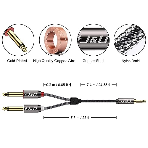 J&D 1/8 to 1/4 Stereo Cable, 3.5mm TRS to Dual 6.35mm TS Breakout Cable Y Splitter Cord for Amplifiers/Audio Mixer/Audio Recorder/MP3/MP4, Nylon Braid, Gold Plated Copper Shell, 25 Feet - size: 25 Feet