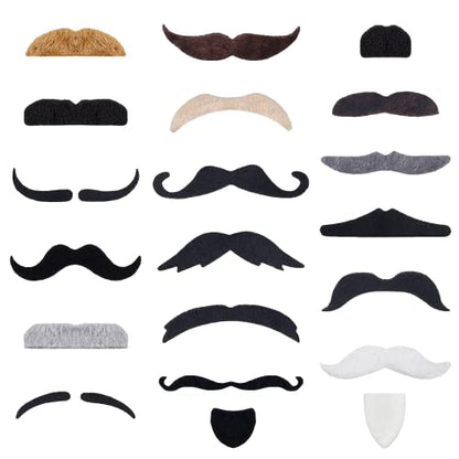 KICNIC 60 Pcs Fake Mustaches Self Adhesive, 20 Designs for Costume Party | Self Adhesive Novelty Hairy Beard Costume Facial Hair, for Party Supplies, Decorations, Suitable for All Ages