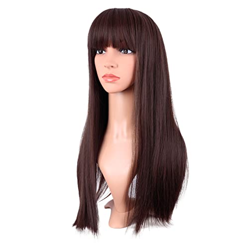 MapofBeauty 24 Inch Long Straight Flat Bangs Party Cosplay Wig, Dark Brown | 60 cm Synthetic Hair Wig, Heat Resistant, Women - color: Dark Brown