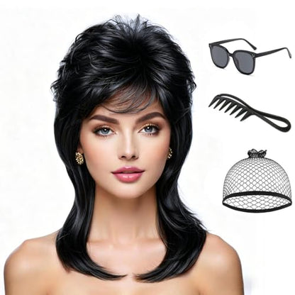 Airhostess Mullet Wig for Women 80s Costumes Fancy Party Accessory Cosplay Mullet Wigs (Black) - color: 2057-Black