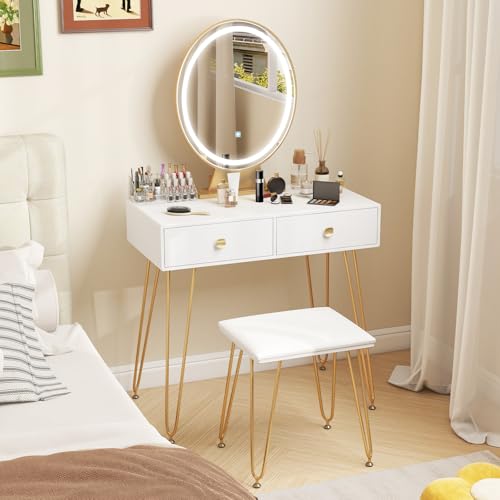 CHARMAID Makeup Vanity Table with Lighted Mirror, Vanity Desk with 2 Large Drawers, Adjustable 3 Lighting Modes, Modern Girls Bedroom Vanity Table with Chair for Small Spaces, White & Gold - color: White, style: 2 Drawers & Acrylic Storage Box