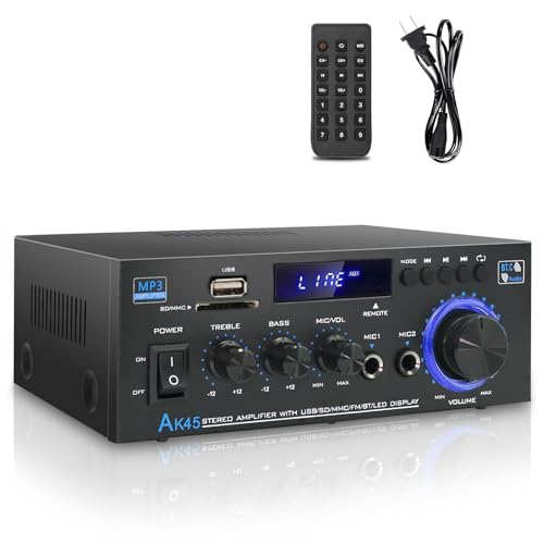 Stereo Home Audio Amplifier Receiver AK45, 400W Bluetooth 5.0 HiFi Stereo Power Amplifier 2.0 Channel RMS 40W x 2 Home Audio System with Remote Control Amp W/MIC,USB,RCA,FM Radio - color: Blue