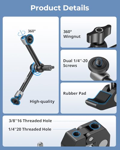SMALLRIG Magic Arm Clamp w/ 1/4 and 3/8 Thread Holes, 9.8 Inches Adjustable | Articulating Magic Arm with Phone Holder for Action Cameras, Smartphones, LCD Monitor/LED Lights - 5326 - size: 9.8''+phone clamp