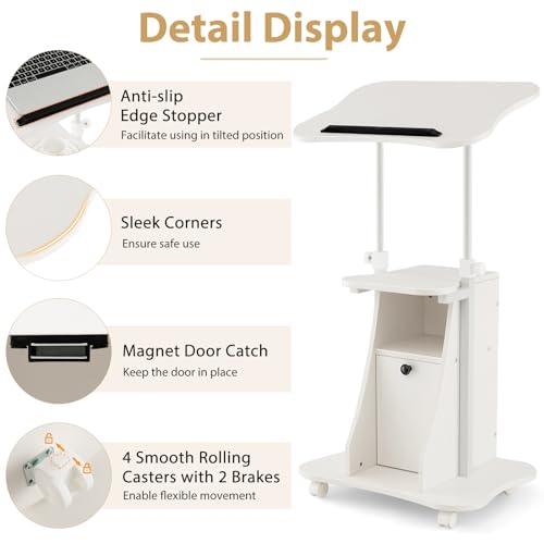 Moccha Lectern Podium Stand, Height Adjustable Sit to Stand Desk w/ 180° Tilting Tabletop, Storage Cabinet, Lockable Casters, Rolling Lectern Cart Laptop Desk for Home, Office, School (White) - color: White