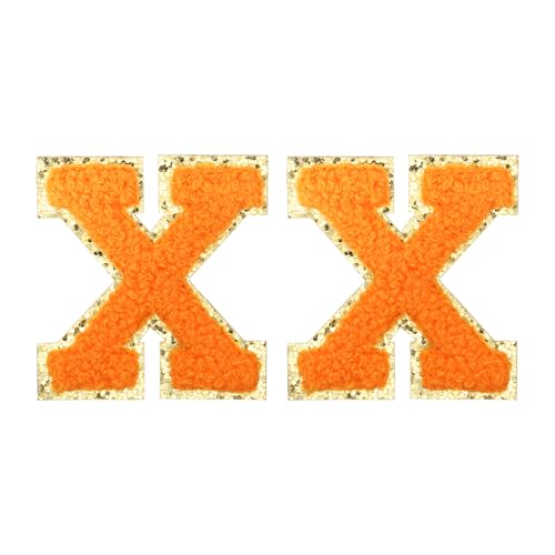 MECCANIXITY Chenille Letter Patches 2.2" Self Adhesive Alphabet X Stick on Embroidered Patch Sew on Letter Stickers Applique for Repairing Clothing Jeans Shoes Hats DIY(Orange, Pack of 2) - style: Letter-X