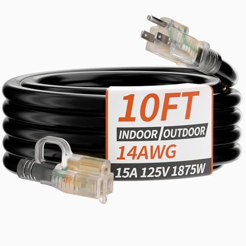 PlugSaf 14/3 Gauge 10 FT Extension Cord Outdoor, Heavy Duty Extension Cord - color: Black, size: 10FT