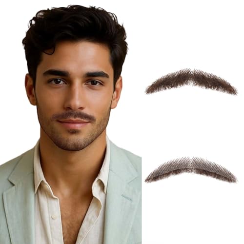 Parceria Human Hair Curly Fake Beard and Mustache, Natural Looking Costume Facial Hair, Realistic Mustache Trimmable and Customizable Beard Invisible Lace for Men (QSH Brown Beard) - color: QSH Brown Beard