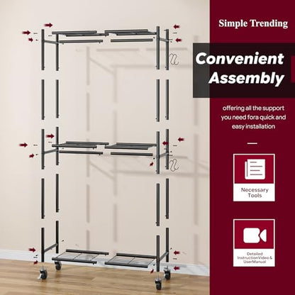 Simple Trending Clothes Rack, Clothing Rack, Portable Closet, Black | Wardrobe Closet with Mesh Shelves & Hooks, Metal Garment Rack, 360° Lockable Wheels, Multi-Functional, for Bedroom, Laundry - size: 12.1"D x 33.1"W x 78"H