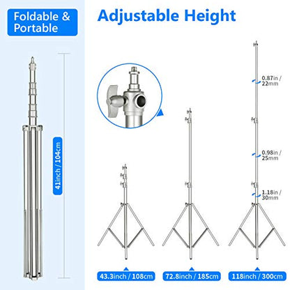NEEWER 118"/3m Stainless Steel Light Stand, Spring Cushioned Heavy Duty Photography Tripod with 1/4" to 3/8" Universal Screw Adapter for Strobe, LED Video Light, Ringlight, Monolight, Softbox | Photography Tripod with 1/4" to 3/8" Universal Screw Adapter