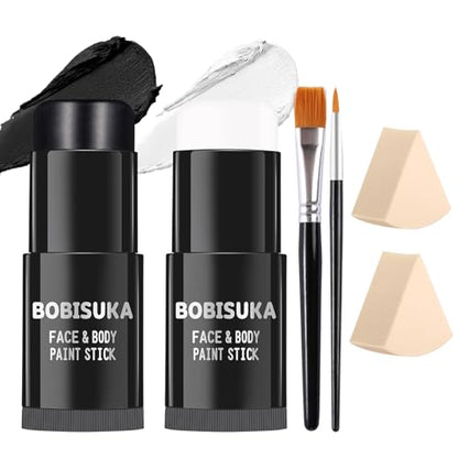 BOBISUKA Black & White Painting Kit - 2 Face Body Paint Sticks with 2 Paintbrushes & 2 Sponges Halloween Makeup Set for Clown Skeleton Skull Cosplay Special Effects Costume SFX , Eye Black for Sports - color: Black, White with Brushes + Sponges Set