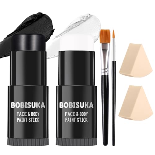 BOBISUKA Black & White Painting Kit - 2 Face Body Paint Sticks with 2 Paintbrushes & 2 Sponges Halloween Makeup Set for Clown Skeleton Skull Cosplay Special Effects Costume SFX , Eye Black for Sports - color: Black, White with Brushes + Sponges Set