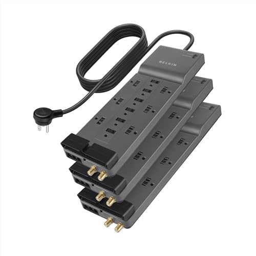 Belkin Power Strip Surge Protector - 12 AC Multiple Outlets & 8 ft Long Flat Plug Heavy Duty Extension Cord for Home, Office, Travel, Computer, Laptop & Phone Charging Brick (3,940 Joules), Pack of 3 - style: w/ Coaxial Phone Protection - 3 Pack