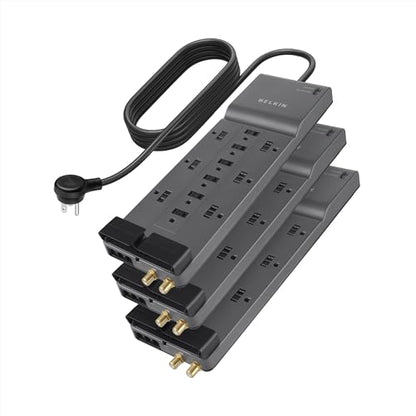 Belkin Power Strip Surge Protector - 12 AC Multiple Outlets & 8 ft Long Flat Plug Heavy Duty Extension Cord for Home, Office, Travel, Computer, Laptop & Phone Charging Brick (3,940 Joules), Pack of 3 - style: w/ Coaxial Phone Protection - 3 Pack