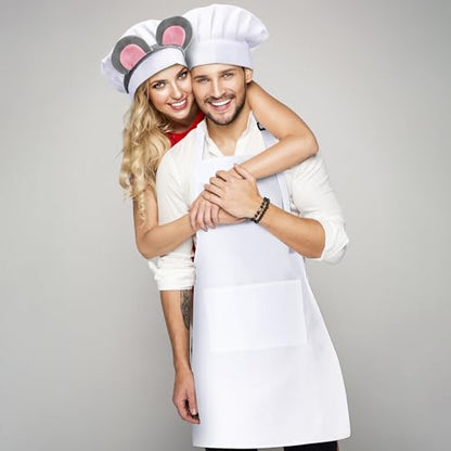 Ramede 6 Pcs Halloween Mouse Couple Chef Costume Accessories for Adult Include Mouse Headband Tail Bow Socks Adjustable Chef Hat Apron for Women Men Halloween Cosplay Party Dress Up