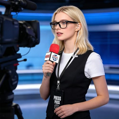Journalist News Reporter Costume Accessories for Adult/Kids,News Reporter Set with Fake News Microphone Prop Press Pass Glasses Tie for Halloween Cosplay