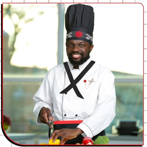 Hibachi Chef Hat and Apron Costume Set, Professional Complete Japanese Teppanyaki Costume with Tall Chef Hat - size: 70 x 70 cm, style: Adult