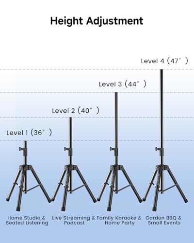 Ikarao Speaker Stand Adjustable Height 36"-47", Heavy Duty Carbon Steel Karaoke Machine Stands with Dual Tension Knobs, Portable Tripod Speaker Mount for PA DJ System & Party, 35mm Insert, 66lbs Load