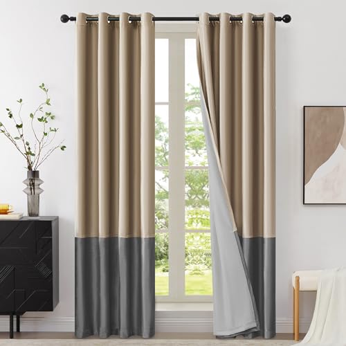 BULBUL Champagne Grey 100% Full Blackout Velvet Curtains,120 inches Long Modern Liner Curtains Thermal Drapes Panels for Living Room Bedroom Grommet Set of 2 - color: Champagne & Grey, size: 52"W x 120"L (Pack of 2)