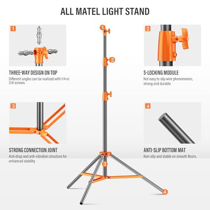 Heavy Duty Light Stand 9.1ft/280cm All Metal Tripod Stand Max Loading:10KG Air Pressure Buffer Photography Light Stand with 1/4” to 3/8” Screw Adapter for Strobe,Ring Light, Monolight, Softbox - color: Orange