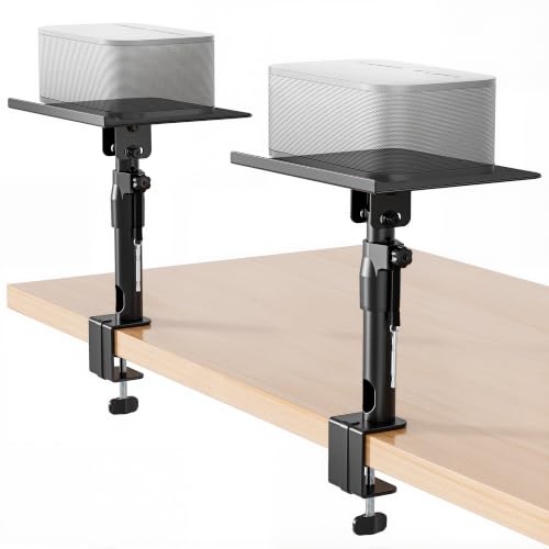 PEGZONE Clamp-on Speaker Stand Pair Heavy-Duty Desktop Speaker Mount Black | Height, Tilt & Swivel Adjustable, Clamp-on Desktop Installation, Universal Fit, For Home, Office & Studio Bookshelf Speakers