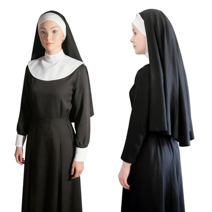 Nun Headpiece Costume, Elegant Nun Habit Cap Costume Hat Accessory Black and White Nuns Veil Costumes for Women Adult Halloween Cosplay Party