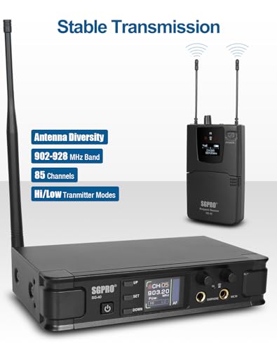 SGPRO Wireless in-Ear Monitor System, IEM System Mono with Metal Transmitter, Bodypack Receiver Monitor Earphones, 85 Adjustable Frequencies 262ft Operation for Bands, Studio & Events