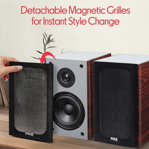 Pyle 5.25” Wired Bookshelf Speakers Pair – 2-Way HiFi Stereo Home Theater Speakers with Silk Dome Tweeter, Woven Woofer, Magnetic Grille and Wall Mount Brackets, Cherry Finish - color: Cherry, size: 5.25 inch