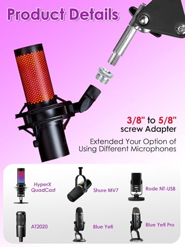 For HyperX Quadcast Boom Arm - Mic Arm with 2 Cable Sleeve, Mic Stand with 3/8" To 5/8" Adapter Compatible with Blue Yeti Fifine Shure SM7B MV7 HyperX QuadCast S AT2020 and Other Microphone - color: HYQC Boom Arm